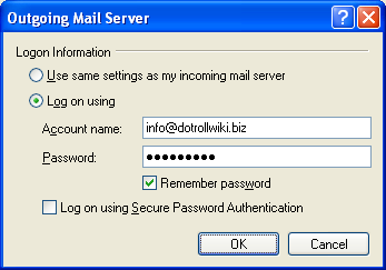 Outgoing Mail Server - Log on parameters