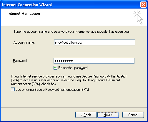 Internet Connection Wizzard - Account login name and password