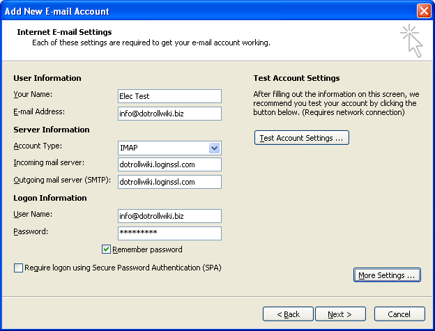 Add New E-mail Account - Internet E-mail Settings