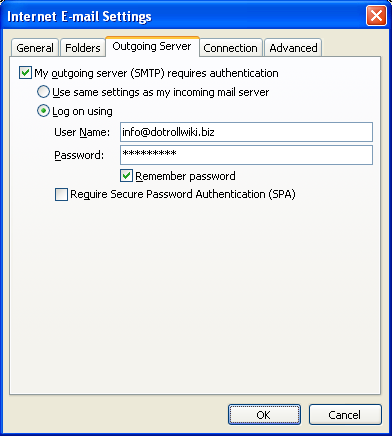 Internet E-mail Settings - Outgoing Server tab