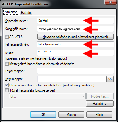 Az FTP: kapcsolat beállításai